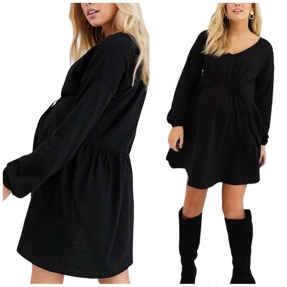 ASOS DESIGN Maternity Long Sleeve V Neckline Smock Black Dress drawstring Tie 8 - Picture 1 of 12